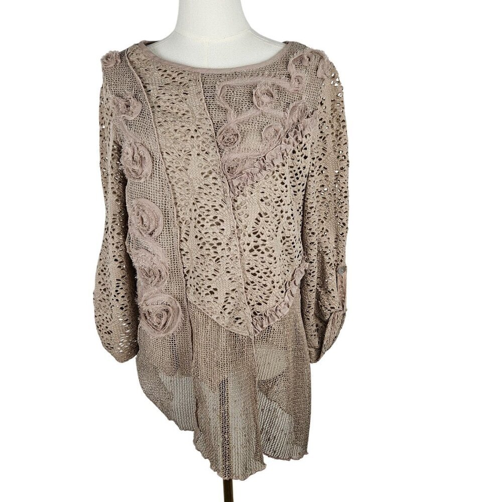 Ali Miles Tunic Top Medium Crochet Lace Long‎ Beige Bohemian Hippie